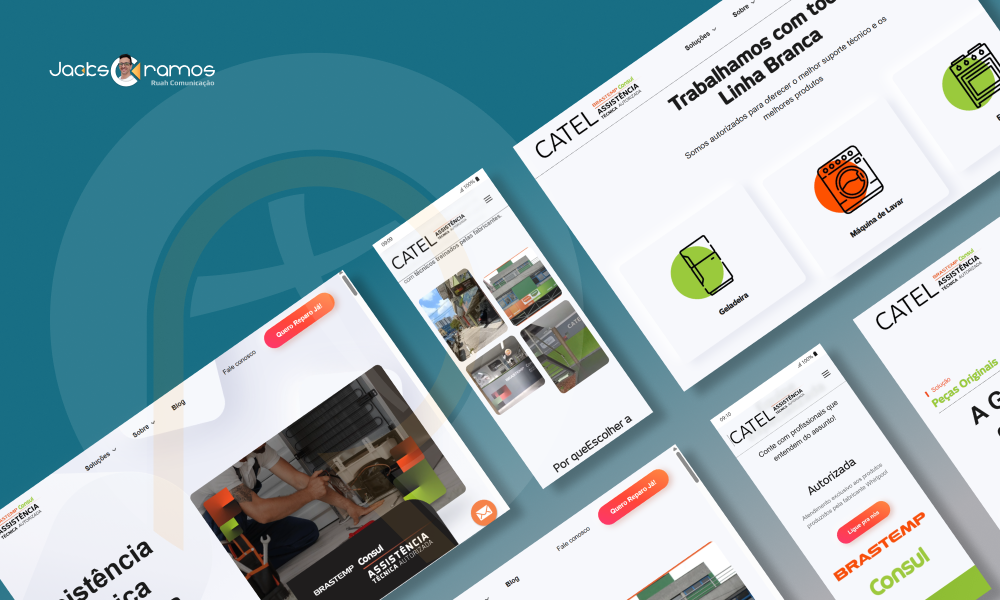 Mockup do case de redesign de site da Catel Assistência Técnica Autorizada Brastemp e Consul pela Ruah Comunicação, exibindo interfaces responsivas desktop e mobile