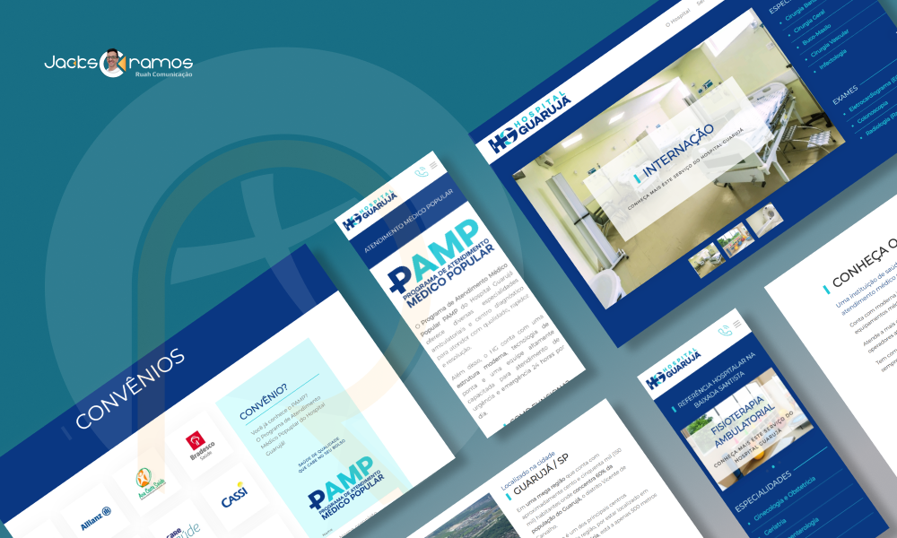 Mockup do case de site do Hospital Guarujá pela Ruah Comunicação, exibindo interfaces responsivas desktop e mobile