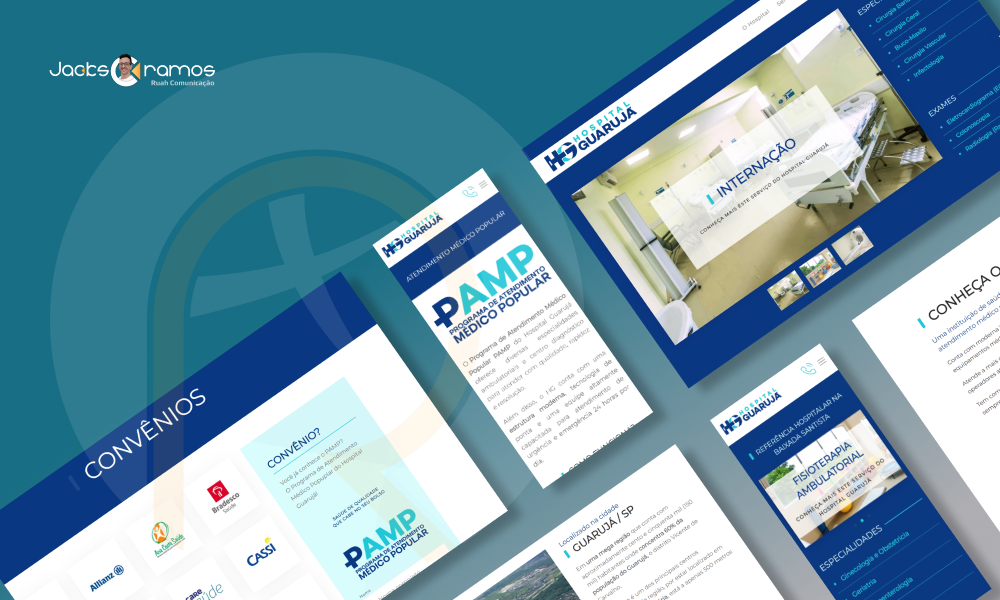 Mockup do case de site do Hospital Guarujá pela Ruah Comunicação, exibindo interfaces responsivas desktop e mobile