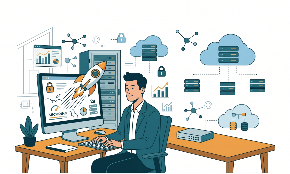 Ilustração flat design da Ruah Comunicação mostrando a criação de landing pages de alta conversão de Jacks Ramos: um designer focado em um notebook que exibe um funil de vendas, métricas de 300% a 500% de aumento, um alvo e um cronômetro de carregamento rápido, simbolizando otimização de conversão