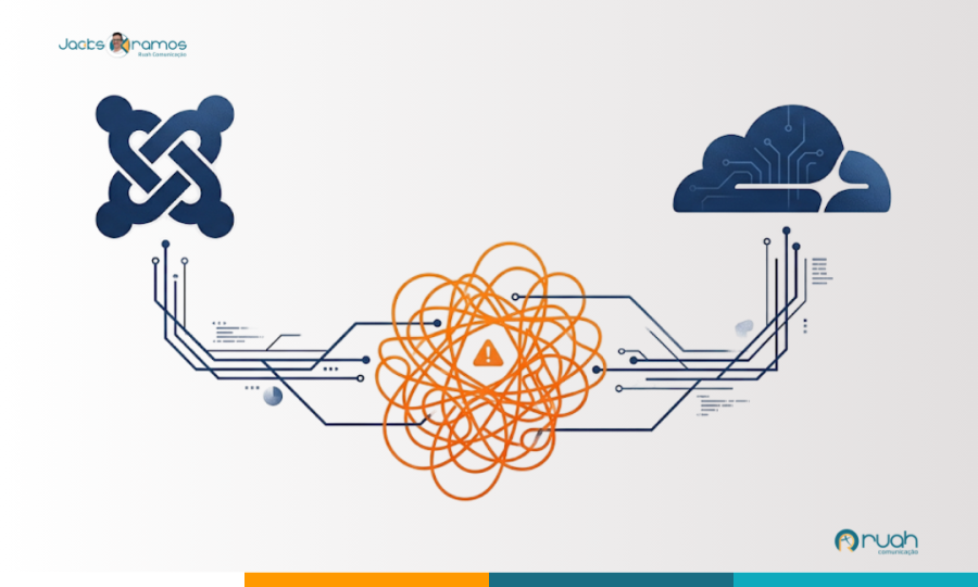 Fotografia de um monitor exibindo o painel administrativo do Cloudflare na seção 'Speed Optimization'. A tela mostra opções de 'Content Optimization' como 'Auto Minify', 'Brotli' e 'Rocket Loader', evidenciando o ambiente de ajuste técnico para performance em sites Joomla